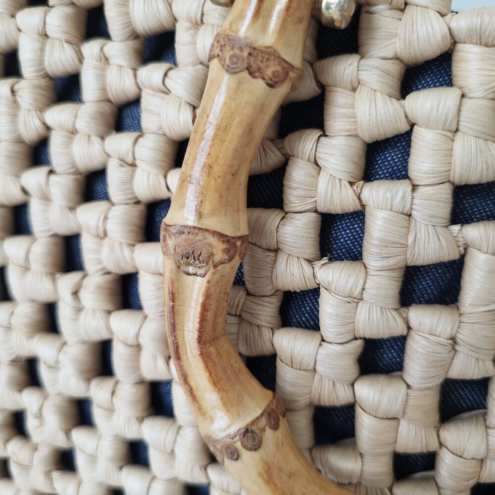 Vintage Raffia Woven Handbag Denim Lining Bamboo Handles - Picture 5 of 10